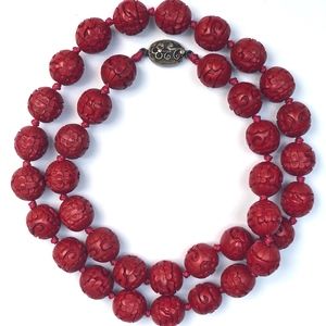 Antique Hand-Carved Cinnabar Red Bead Necklace
